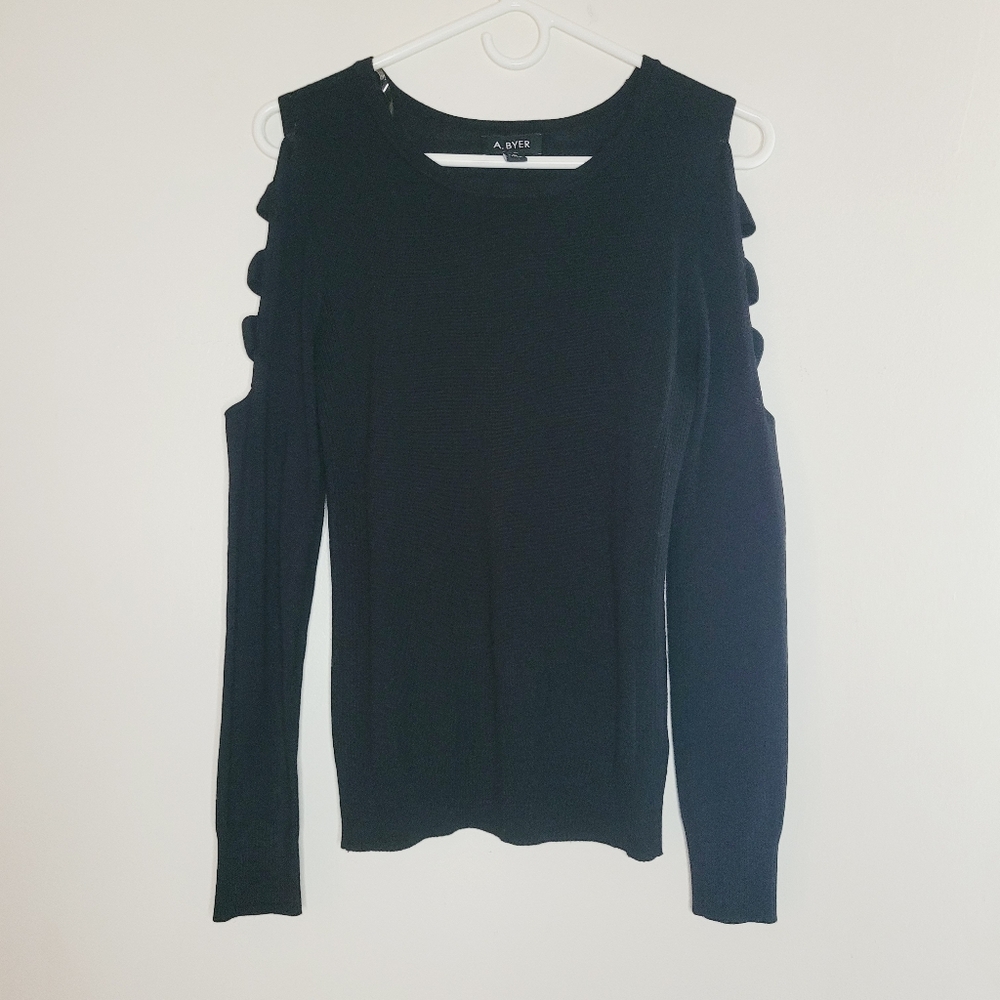 A.Byer Sweater Lightweight Women's Medium Black Long Sleeves Cutouts Casual Easy